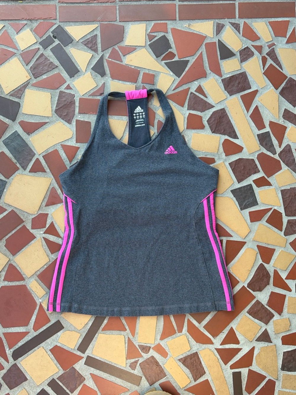 Y2k style adidas Women's Dark Gray Tank with Pink Stripe Accents